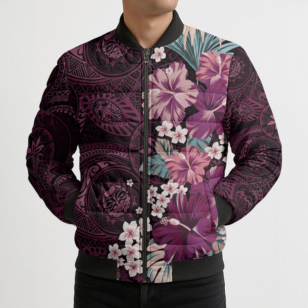 Poni Mama Hawai'i Hibiscus Bomber Puffer Jacket Polynesian Tribal Tattoo Pattern Floral Elements LT9 - Polynesian Pride