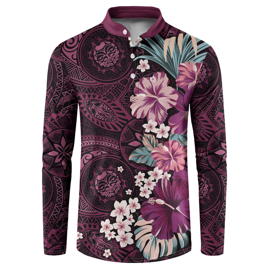 Poni Mama Hawai'i Hibiscus Button Sweatshirt Polynesian Tribal Tattoo Pattern Floral Elements LT9 Pink - Polynesian Pride