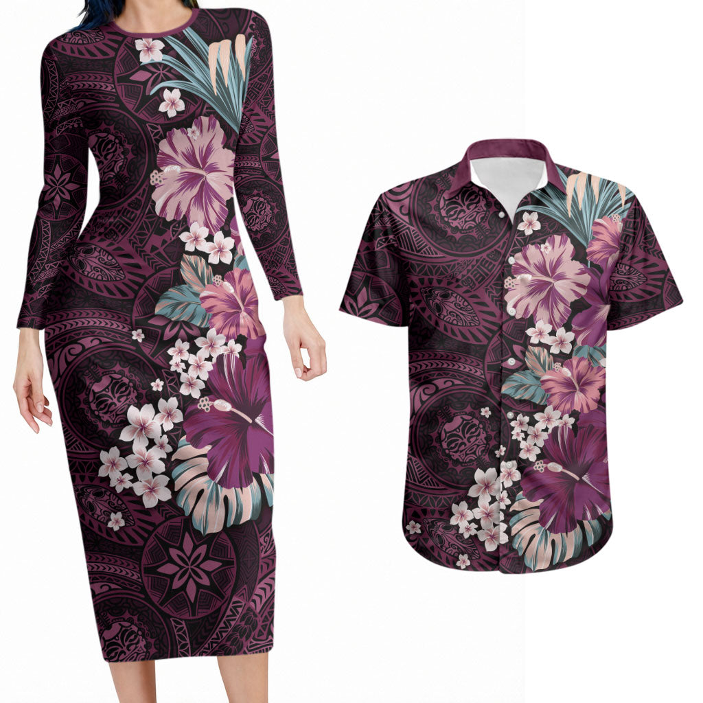 Poni Mama Hawai'i Hibiscus Couples Matching Long Sleeve Bodycon Dress and Hawaiian Shirt Polynesian Tribal Tattoo Pattern Floral Elements LT9 Pink - Polynesian Pride