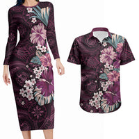 Poni Mama Hawai'i Hibiscus Couples Matching Long Sleeve Bodycon Dress and Hawaiian Shirt Polynesian Tribal Tattoo Pattern Floral Elements LT9 Pink - Polynesian Pride