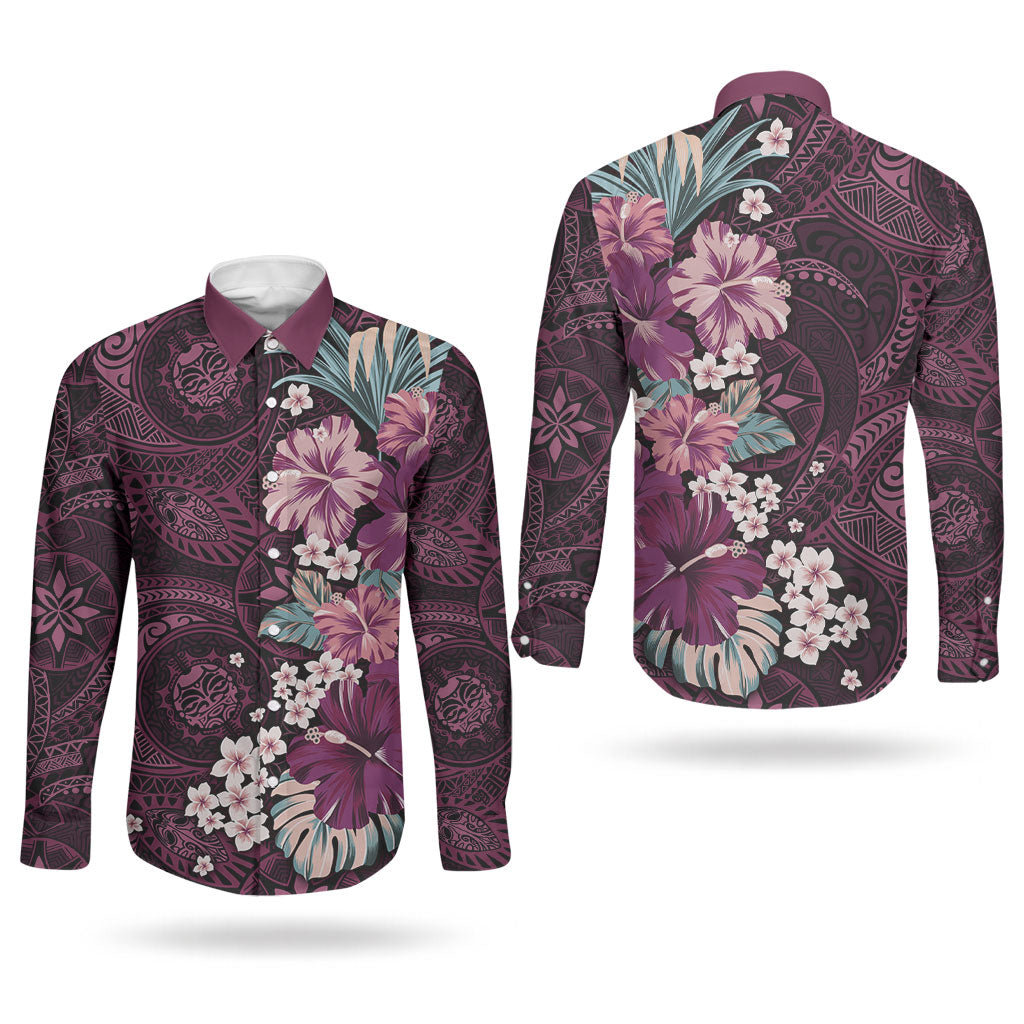 Poni Mama Hawai'i Hibiscus Couples Matching Long Sleeve Bodycon Dress and Long Sleeve Button Shirt Polynesian Tribal Tattoo Pattern Floral Elements LT9 - Polynesian Pride