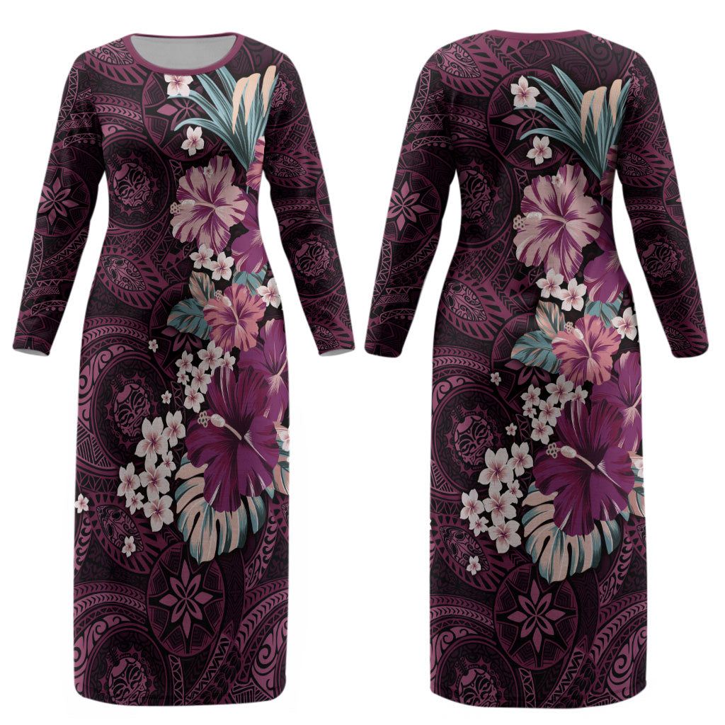 Poni Mama Hawai'i Hibiscus Couples Matching Long Sleeve Bodycon Dress and Long Sleeve Button Shirt Polynesian Tribal Tattoo Pattern Floral Elements LT9 - Polynesian Pride