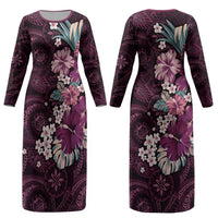 Poni Mama Hawai'i Hibiscus Couples Matching Long Sleeve Bodycon Dress and Long Sleeve Button Shirt Polynesian Tribal Tattoo Pattern Floral Elements LT9 - Polynesian Pride