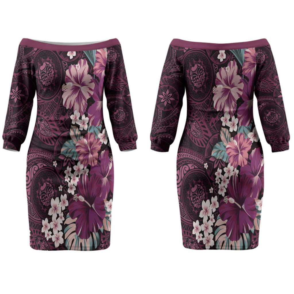 Poni Mama Hawai'i Hibiscus Couples Matching Off The Shoulder Long Sleeve Dress and Hawaiian Shirt Polynesian Tribal Tattoo Pattern Floral Elements LT9 - Polynesian Pride