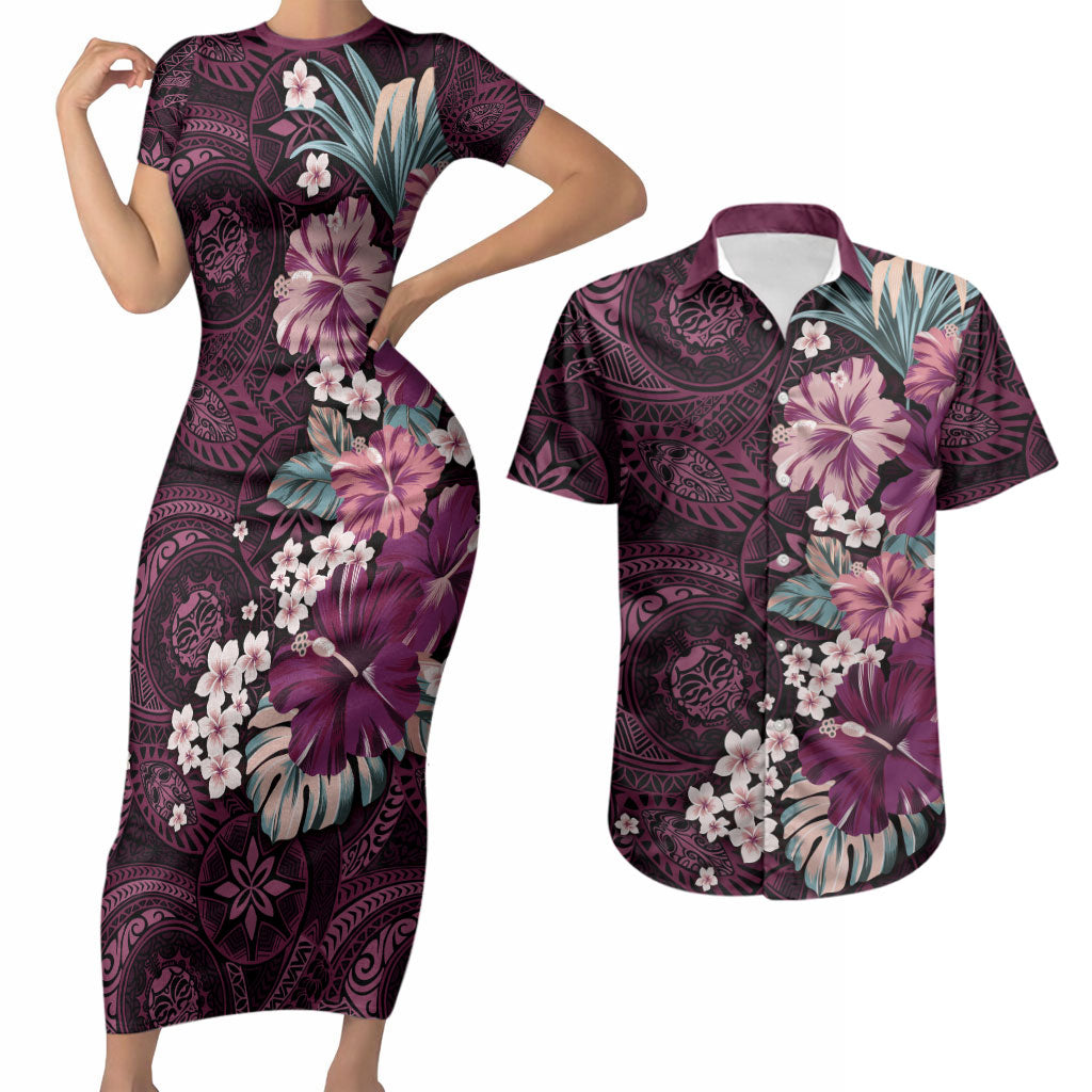 Poni Mama Hawai'i Hibiscus Couples Matching Short Sleeve Bodycon Dress and Hawaiian Shirt Polynesian Tribal Tattoo Pattern Floral Elements LT9 Pink - Polynesian Pride