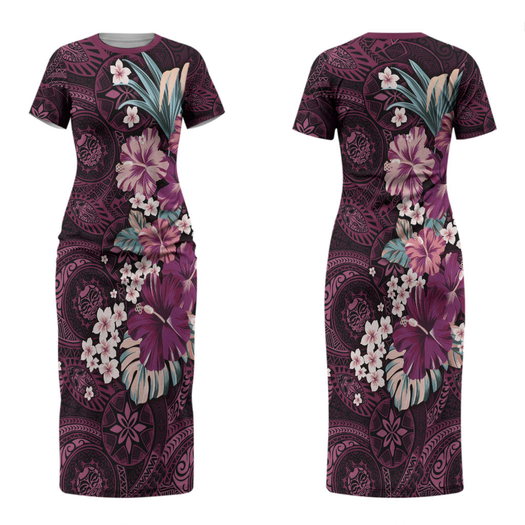 Poni Mama Hawai'i Hibiscus Couples Matching Short Sleeve Bodycon Dress and Long Sleeve Button Shirt Polynesian Tribal Tattoo Pattern Floral Elements