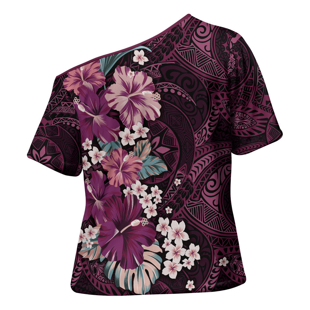 Poni Mama Hawai'i Hibiscus Cross Shoulder Shirt Polynesian Tribal Tattoo Pattern Floral Elements