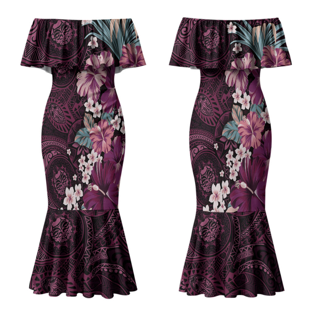 Poni Mama Hawai'i Hibiscus Family Matching Mermaid Dress and Hawaiian Shirt Polynesian Tribal Tattoo Pattern Floral Elements LT9 Mom's Dress Pink - Polynesian Pride