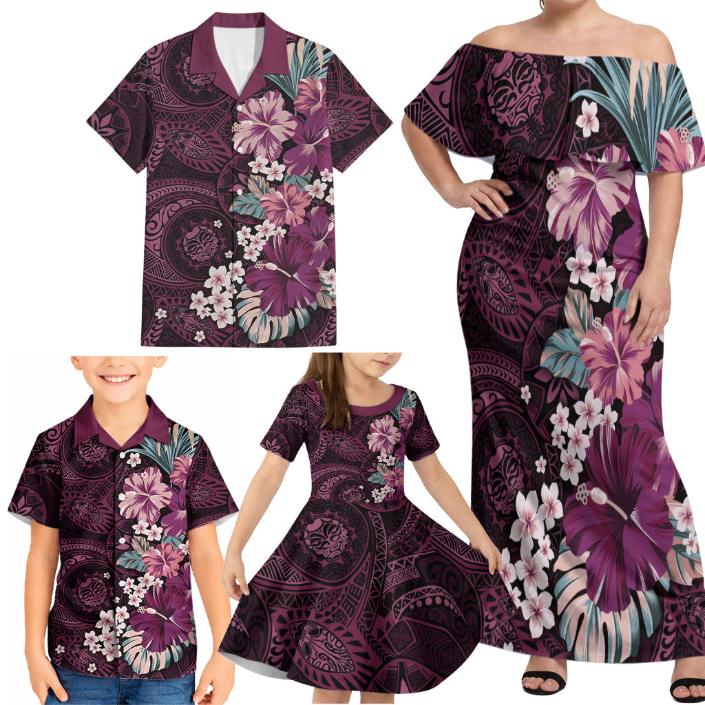 Poni Mama Hawai'i Hibiscus Family Matching Off Shoulder Maxi Dress and Hawaiian Shirt Polynesian Tribal Tattoo Pattern Floral Elements LT9 - Polynesian Pride