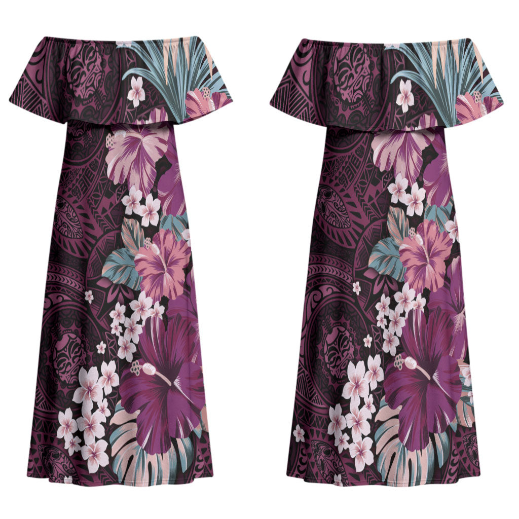 Poni Mama Hawai'i Hibiscus Family Matching Off Shoulder Maxi Dress and Hawaiian Shirt Polynesian Tribal Tattoo Pattern Floral Elements LT9 Mom's Dress Pink - Polynesian Pride