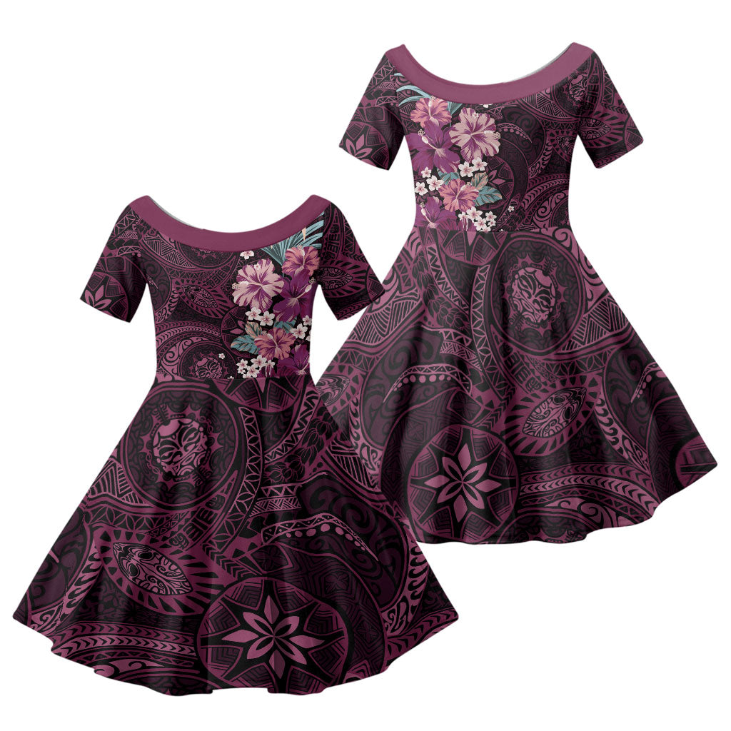 Poni Mama Hawai'i Hibiscus Family Matching Off Shoulder Maxi Dress and Hawaiian Shirt Polynesian Tribal Tattoo Pattern Floral Elements LT9 Daughter's Dress Pink - Polynesian Pride