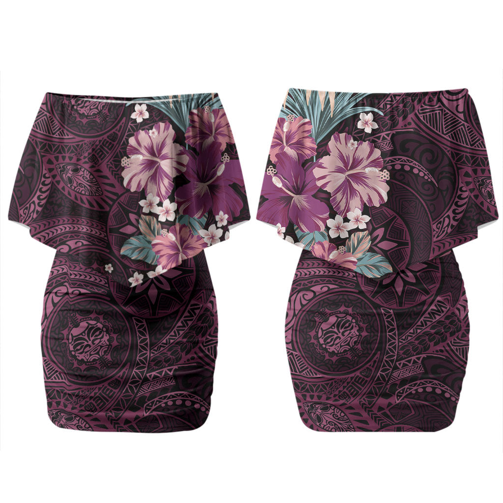 Poni Mama Hawai'i Hibiscus Family Matching Off Shoulder Short Dress and Hawaiian Shirt Polynesian Tribal Tattoo Pattern Floral Elements LT9 Mom's Dress Pink - Polynesian Pride