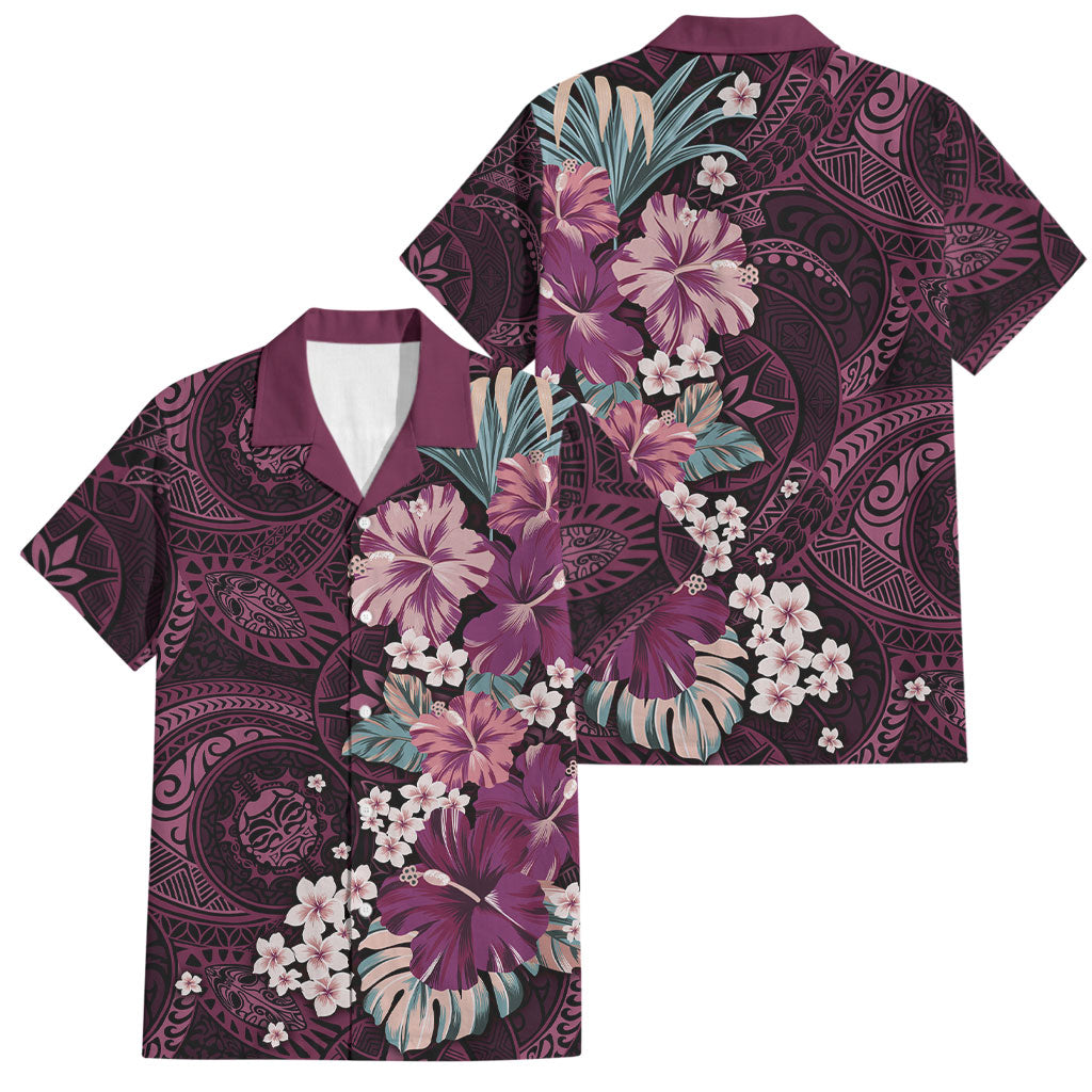 Poni Mama Hawai'i Hibiscus Family Matching Off Shoulder Short Dress and Hawaiian Shirt Polynesian Tribal Tattoo Pattern Floral Elements LT9 Dad's Shirt - Short Sleeve Pink - Polynesian Pride