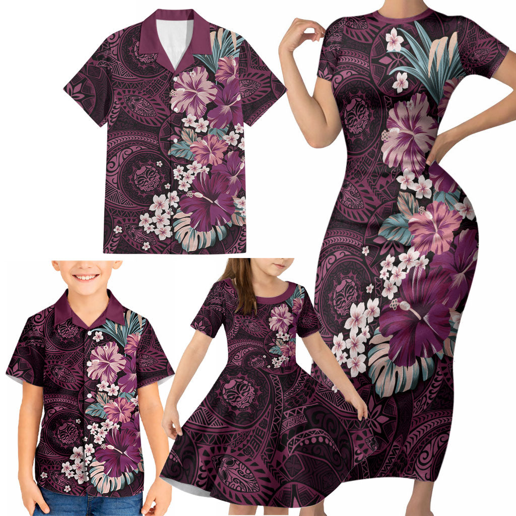Poni Mama Hawai'i Hibiscus Family Matching Short Sleeve Bodycon Dress and Hawaiian Shirt Polynesian Tribal Tattoo Pattern Floral Elements LT9 - Polynesian Pride