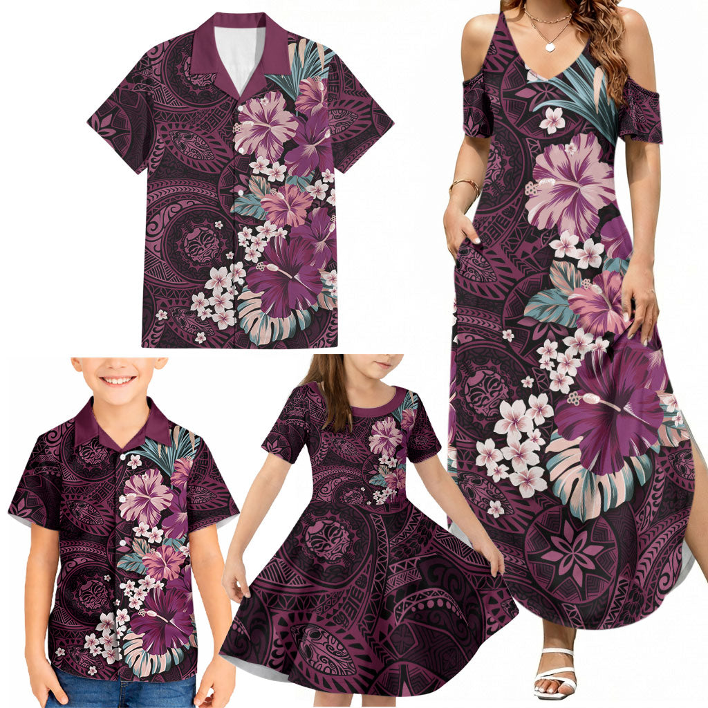 Poni Mama Hawai'i Hibiscus Family Matching Summer Maxi Dress and Hawaiian Shirt Polynesian Tribal Tattoo Pattern Floral Elements LT9 - Polynesian Pride