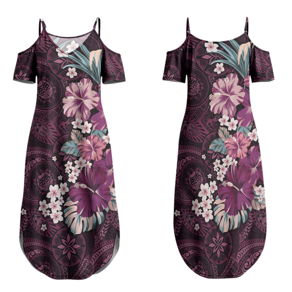 Poni Mama Hawai'i Hibiscus Family Matching Summer Maxi Dress and Hawaiian Shirt Polynesian Tribal Tattoo Pattern Floral Elements LT9 Mom's Dress Pink - Polynesian Pride