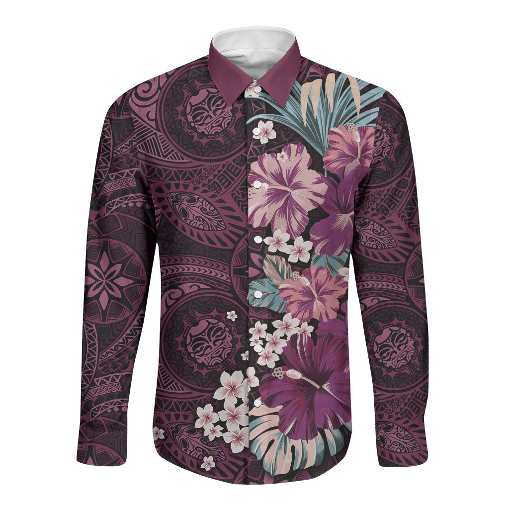 Poni Mama Hawai'i Hibiscus Long Sleeve Button Shirt Polynesian Tribal Tattoo Pattern Floral Elements