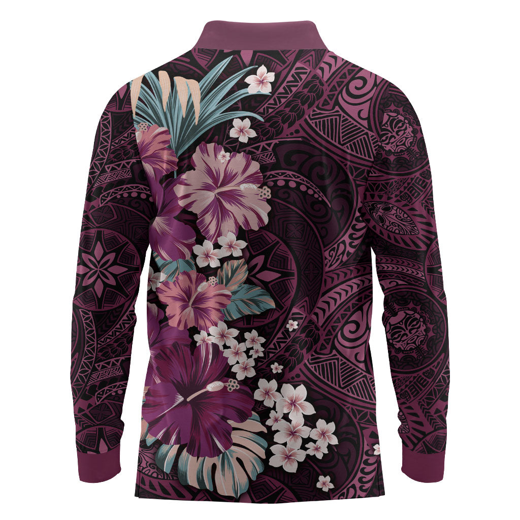 Poni Mama Hawai'i Hibiscus Long Sleeve Polo Shirt Polynesian Tribal Tattoo Pattern Floral Elements LT9 - Polynesian Pride