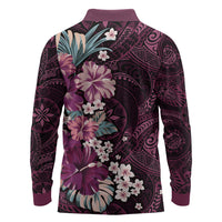Poni Mama Hawai'i Hibiscus Long Sleeve Polo Shirt Polynesian Tribal Tattoo Pattern Floral Elements LT9 - Polynesian Pride