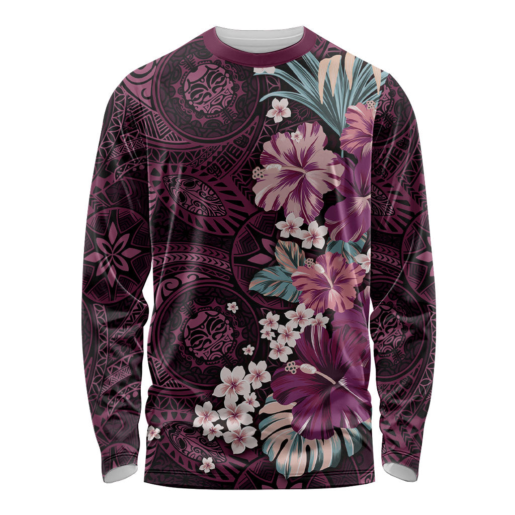Poni Mama Hawai'i Hibiscus Long Sleeve Shirt Polynesian Tribal Tattoo Pattern Floral Elements