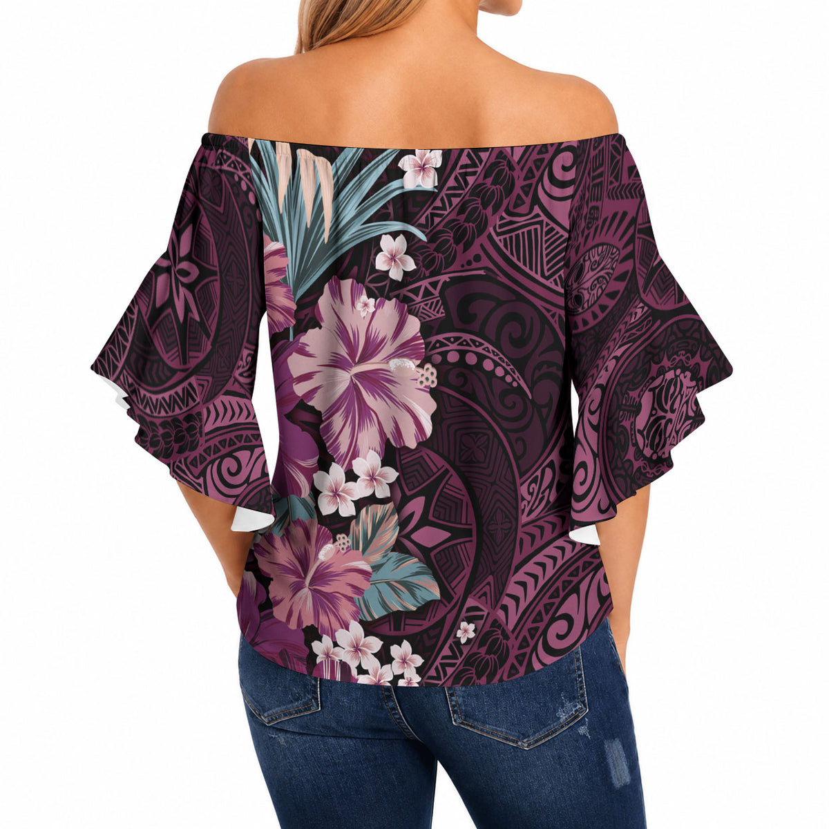 Poni Mama Hawai'i Hibiscus Off Shoulder Wrap Waist Top Polynesian Tribal Tattoo Pattern Floral Elements LT9 - Polynesian Pride
