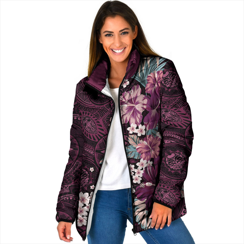 Poni Mama Hawai'i Hibiscus Padded Jacket Polynesian Tribal Tattoo Pattern Floral Elements