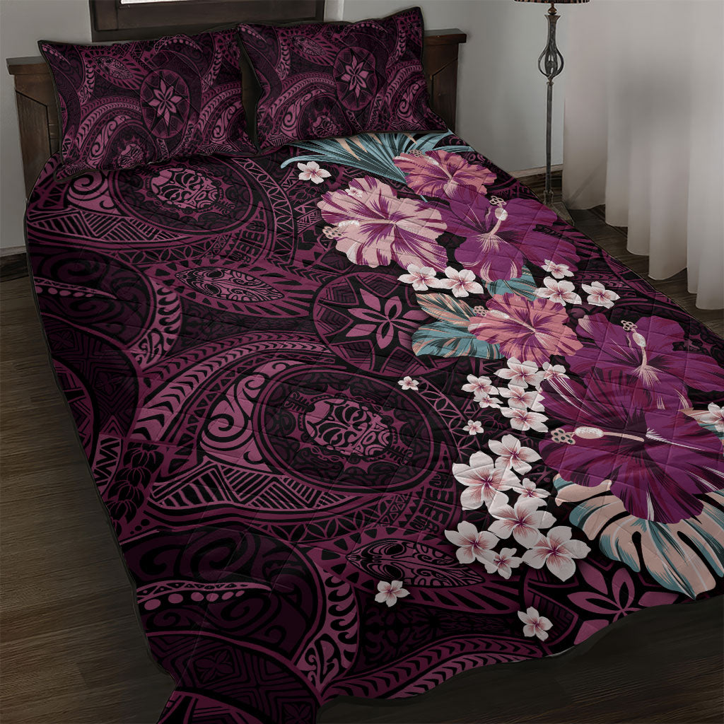 Poni Mama Hawai'i Hibiscus Quilt Bed Set Polynesian Tribal Tattoo Pattern Floral Elements LT9 Pink - Polynesian Pride