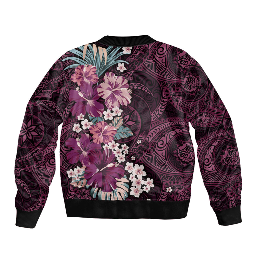 Poni Mama Hawai'i Hibiscus Sleeve Zip Bomber Jacket Polynesian Tribal Tattoo Pattern Floral Elements
