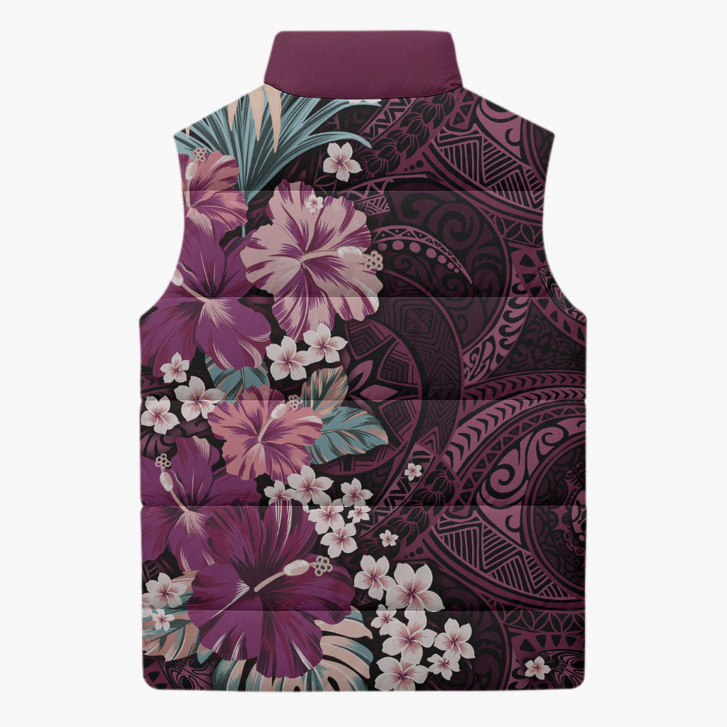 Poni Mama Hawai'i Hibiscus Sleeveless Puffer Jacket Polynesian Tribal Tattoo Pattern Floral Elements