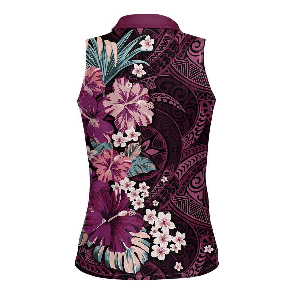 Poni Mama Hawai'i Hibiscus Women Sleeveless Polo Shirt Polynesian Tribal Tattoo Pattern Floral Elements LT9 - Polynesian Pride
