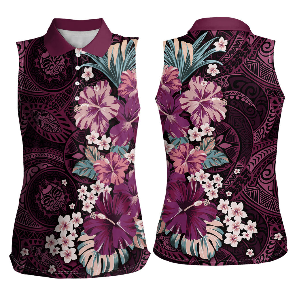 Poni Mama Hawai'i Hibiscus Women Sleeveless Polo Shirt Polynesian Tribal Tattoo Pattern Floral Elements LT9 - Polynesian Pride