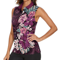 Poni Mama Hawai'i Hibiscus Women Sleeveless Polo Shirt Polynesian Tribal Tattoo Pattern Floral Elements LT9 - Polynesian Pride