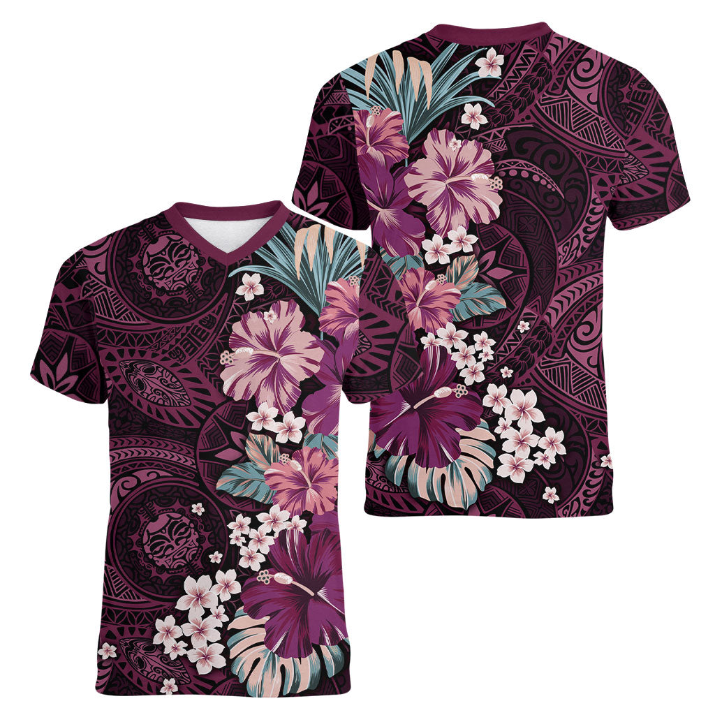 Poni Mama Hawai'i Hibiscus Women V-Neck T-Shirt Polynesian Tribal Tattoo Pattern Floral Elements LT9 - Polynesian Pride