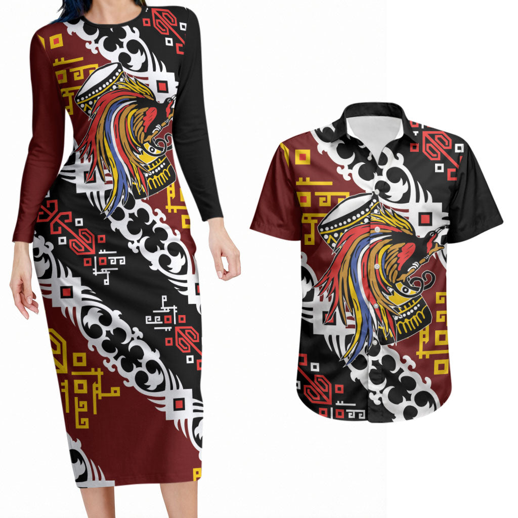 Personalised Papua New Guinea Bird Drum Couples Matching Long Sleeve Bodycon Dress and Hawaiian Shirt Papuan Batik Motif LT9 Black - Polynesian Pride