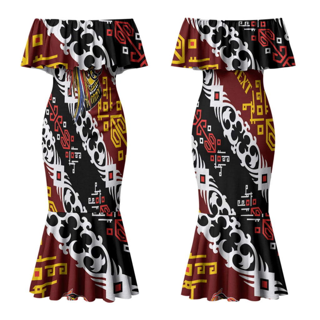 Personalised Papua New Guinea Bird Drum Couples Matching Mermaid Dress and Hawaiian Shirt Papuan Batik Motif LT9 - Polynesian Pride