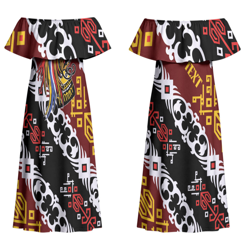 Personalised Papua New Guinea Bird Drum Couples Matching Off Shoulder Maxi Dress and Long Sleeve Button Shirt Papuan Batik Motif LT9 - Polynesian Pride
