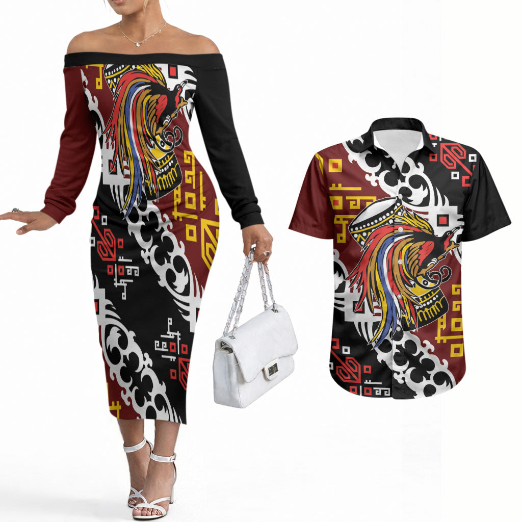 Personalised Papua New Guinea Bird Drum Couples Matching Off The Shoulder Long Sleeve Dress and Hawaiian Shirt Papuan Batik Motif LT9 Black - Polynesian Pride