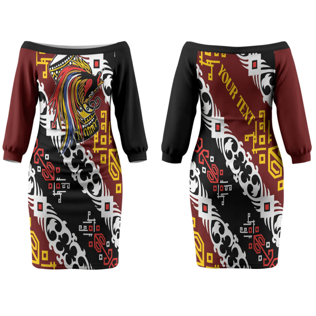 Personalised Papua New Guinea Bird Drum Family Matching Off The Shoulder Long Sleeve Dress and Hawaiian Shirt Papuan Batik Motif LT9 Mom's Dress Black - Polynesian Pride