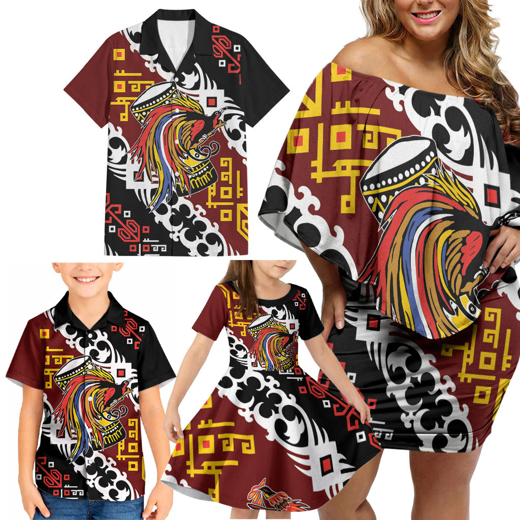Personalised Papua New Guinea Bird Drum Family Matching Off Shoulder Short Dress and Hawaiian Shirt Papuan Batik Motif LT9 - Polynesian Pride