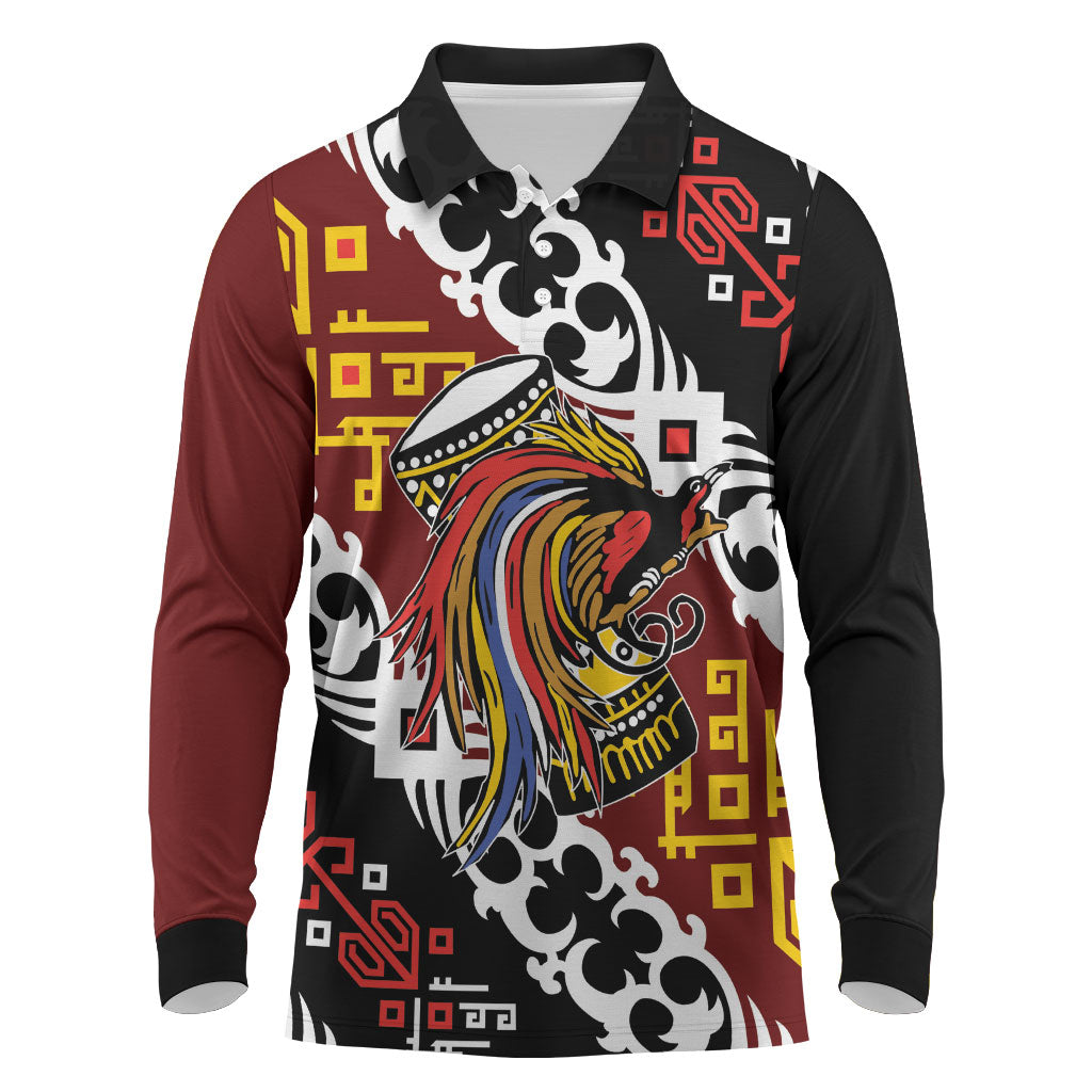 Personalised Papua New Guinea Bird Drum Long Sleeve Polo Shirt Papuan Batik Motif