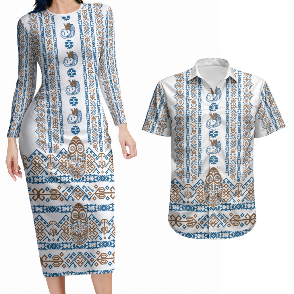 Personalised Papua New Guinea Bird Ethnic Couples Matching Long Sleeve Bodycon Dress and Hawaiian Shirt Papuan Batik Inspired Pattern