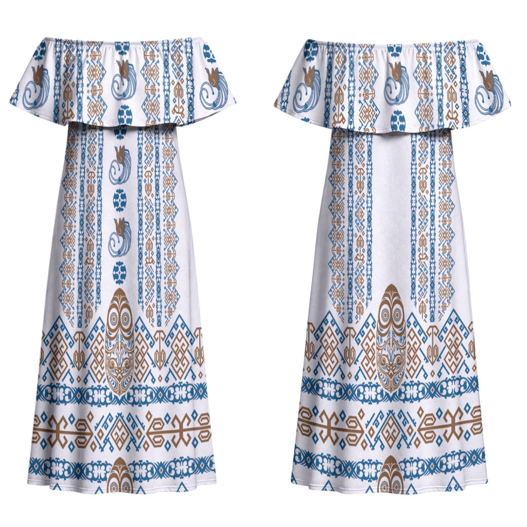 Personalised Papua New Guinea Bird Ethnic Couples Matching Off Shoulder Maxi Dress and Long Sleeve Button Shirt Papuan Batik Inspired Pattern