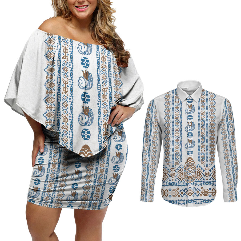Personalised Papua New Guinea Bird Ethnic Couples Matching Off Shoulder Short Dress and Long Sleeve Button Shirt Papuan Batik Inspired Pattern