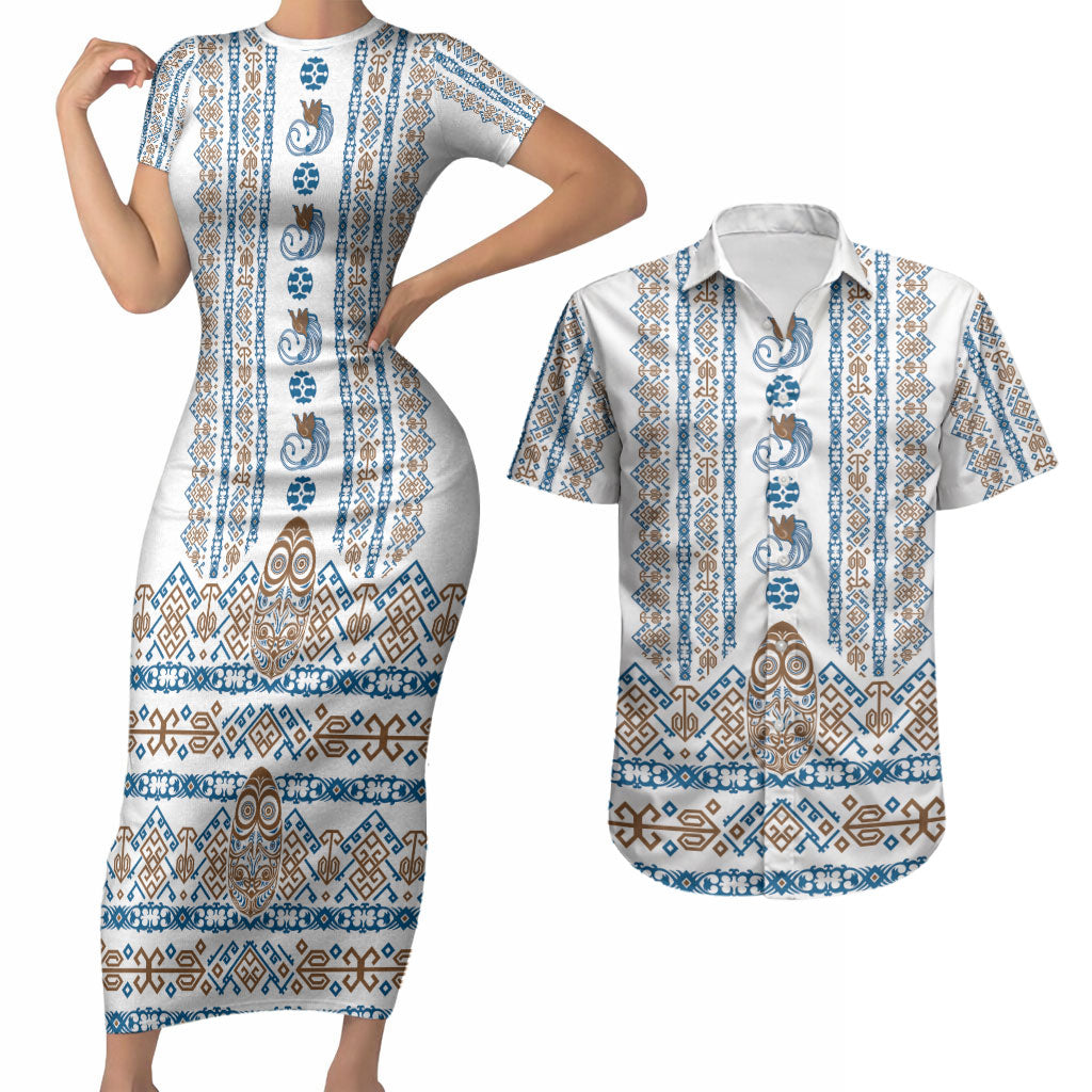 Personalised Papua New Guinea Bird Ethnic Couples Matching Short Sleeve Bodycon Dress and Hawaiian Shirt Papuan Batik Inspired Pattern LT9 White - Polynesian Pride
