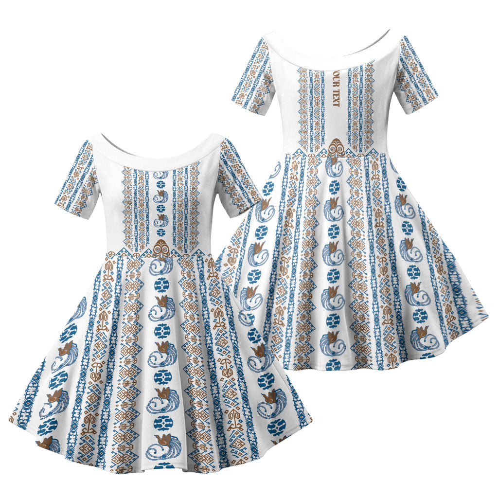 Personalised Papua New Guinea Bird Ethnic Family Matching Off Shoulder Short Dress and Hawaiian Shirt Papuan Batik Inspired Pattern LT9 Daughter's Dress White - Polynesian Pride