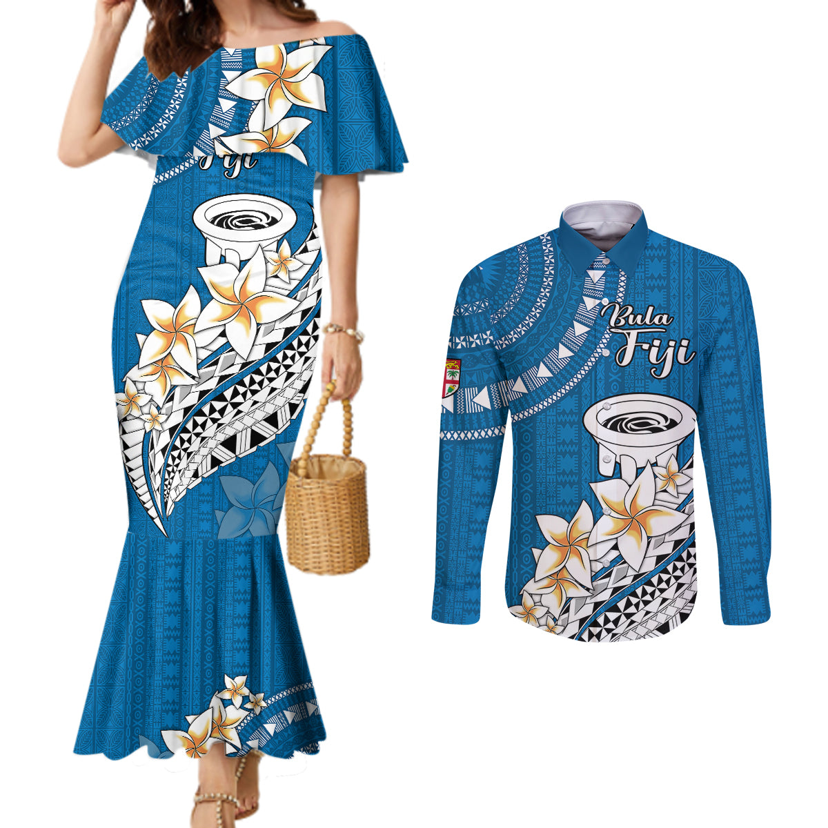 Bula Fiji Couples Matching Mermaid Dress and Long Sleeve Button Shirts Kava Bowl Tapa Tribal LT9 Blue - Polynesian Pride