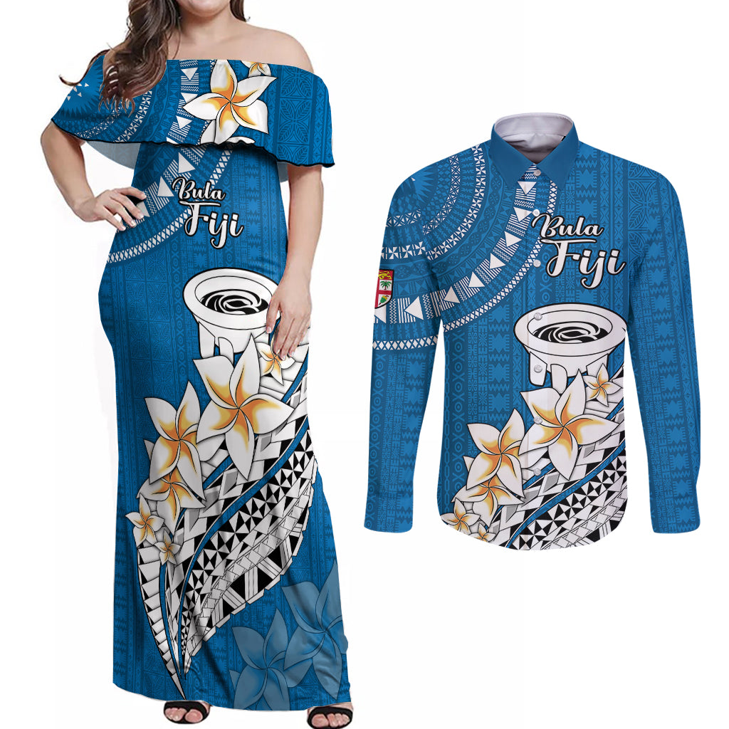 Bula Fiji Couples Matching Off Shoulder Maxi Dress and Long Sleeve Button Shirts Kava Bowl Tapa Tribal LT9 Blue - Polynesian Pride