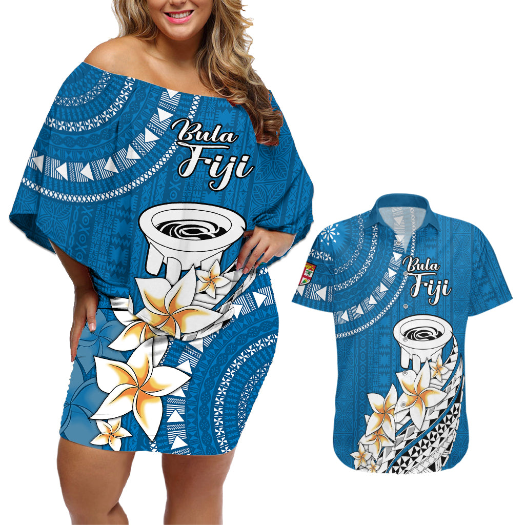 Bula Fiji Couples Matching Off Shoulder Short Dress and Hawaiian Shirt Kava Bowl Tapa Tribal LT9 Blue - Polynesian Pride