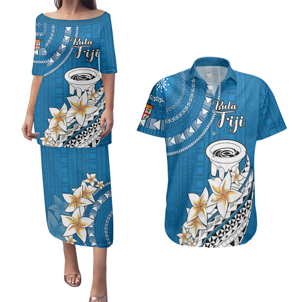 Bula Fiji Couples Matching Puletasi Dress and Hawaiian Shirt Kava Bowl Tapa Tribal LT9 Blue - Polynesian Pride