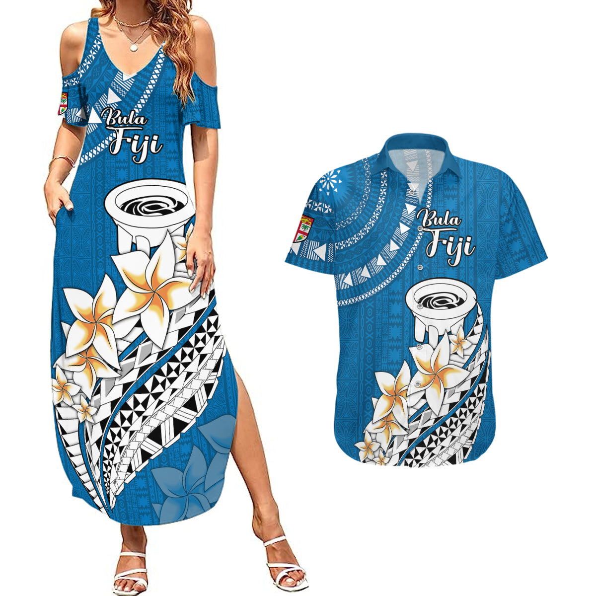 Bula Fiji Couples Matching Summer Maxi Dress and Hawaiian Shirt Kava Bowl Tapa Tribal LT9 Blue - Polynesian Pride